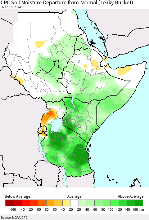 Eastern Africa CPC Soil Moisture Departure from Normal (Leaky Bucket) Thematic Map For 3/11/2024 - 3/15/2024