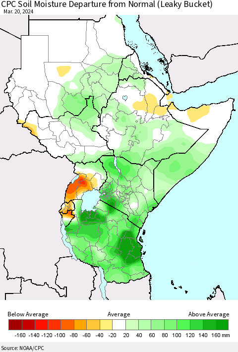 Eastern Africa CPC Soil Moisture Departure from Normal (Leaky Bucket) Thematic Map For 3/16/2024 - 3/20/2024