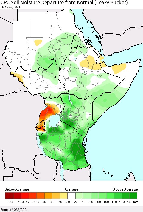 Eastern Africa CPC Soil Moisture Departure from Normal (Leaky Bucket) Thematic Map For 3/21/2024 - 3/25/2024