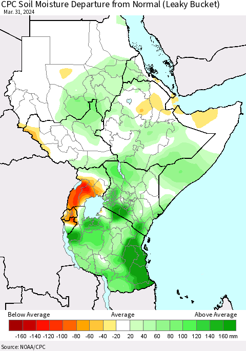 Eastern Africa CPC Soil Moisture Departure from Normal (Leaky Bucket) Thematic Map For 3/26/2024 - 3/31/2024