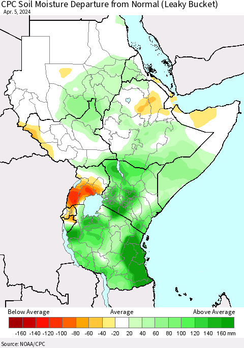 Eastern Africa CPC Soil Moisture Departure from Normal (Leaky Bucket) Thematic Map For 4/1/2024 - 4/5/2024