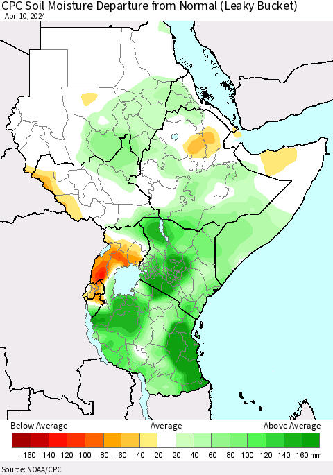 Eastern Africa CPC Soil Moisture Departure from Normal (Leaky Bucket) Thematic Map For 4/6/2024 - 4/10/2024