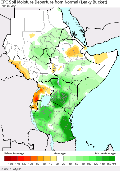 Eastern Africa CPC Soil Moisture Departure from Normal (Leaky Bucket) Thematic Map For 4/11/2024 - 4/15/2024