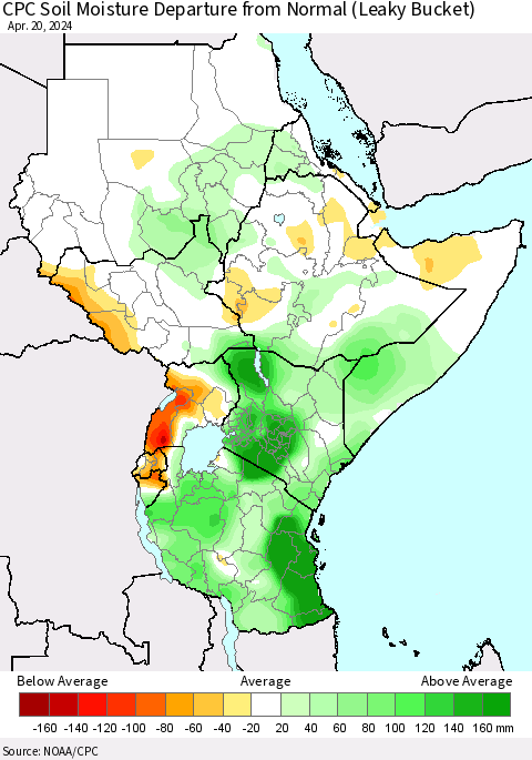 Eastern Africa CPC Soil Moisture Departure from Normal (Leaky Bucket) Thematic Map For 4/16/2024 - 4/20/2024