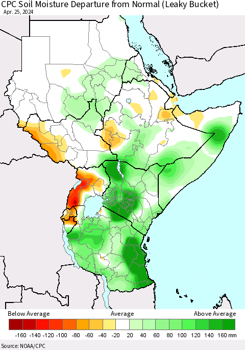 Eastern Africa CPC Soil Moisture Departure from Normal (Leaky Bucket) Thematic Map For 4/21/2024 - 4/25/2024