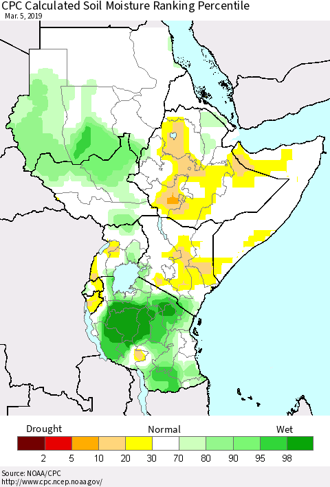 Eastern Africa CPC Soil Moisture Ranking Percentile (Leaky Bucket) Thematic Map For 3/1/2019 - 3/5/2019