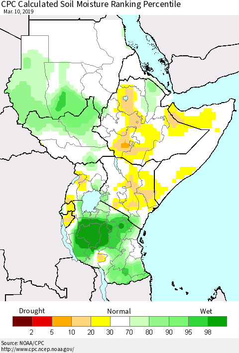 Eastern Africa CPC Soil Moisture Ranking Percentile (Leaky Bucket) Thematic Map For 3/6/2019 - 3/10/2019