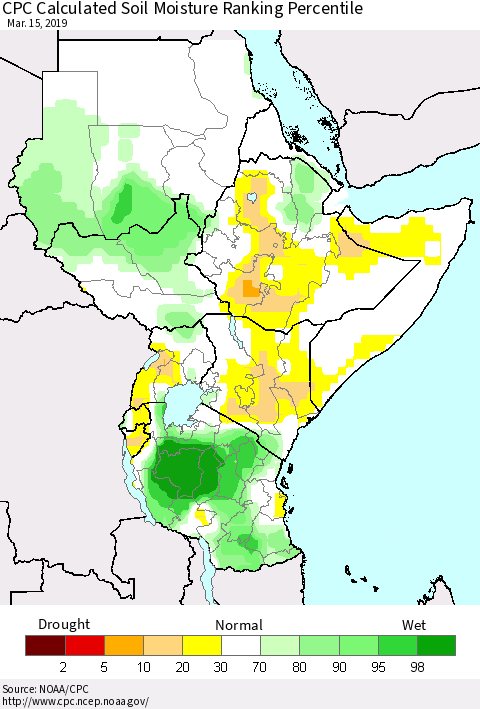 Eastern Africa CPC Soil Moisture Ranking Percentile (Leaky Bucket) Thematic Map For 3/11/2019 - 3/15/2019