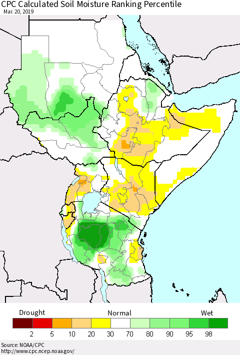 Eastern Africa CPC Soil Moisture Ranking Percentile (Leaky Bucket) Thematic Map For 3/16/2019 - 3/20/2019