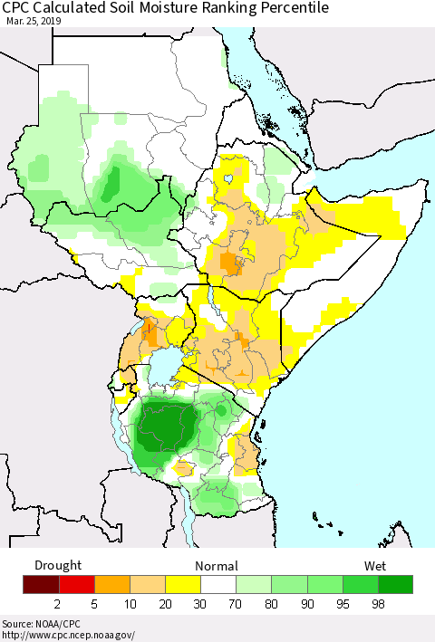 Eastern Africa CPC Soil Moisture Ranking Percentile (Leaky Bucket) Thematic Map For 3/21/2019 - 3/25/2019