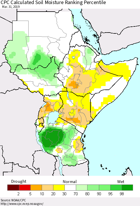 Eastern Africa CPC Soil Moisture Ranking Percentile (Leaky Bucket) Thematic Map For 3/26/2019 - 3/31/2019
