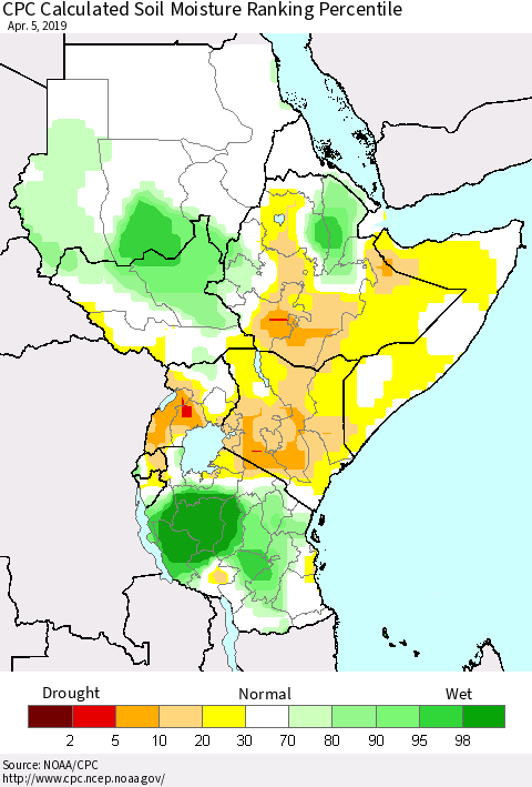 Eastern Africa CPC Soil Moisture Ranking Percentile (Leaky Bucket) Thematic Map For 4/1/2019 - 4/5/2019