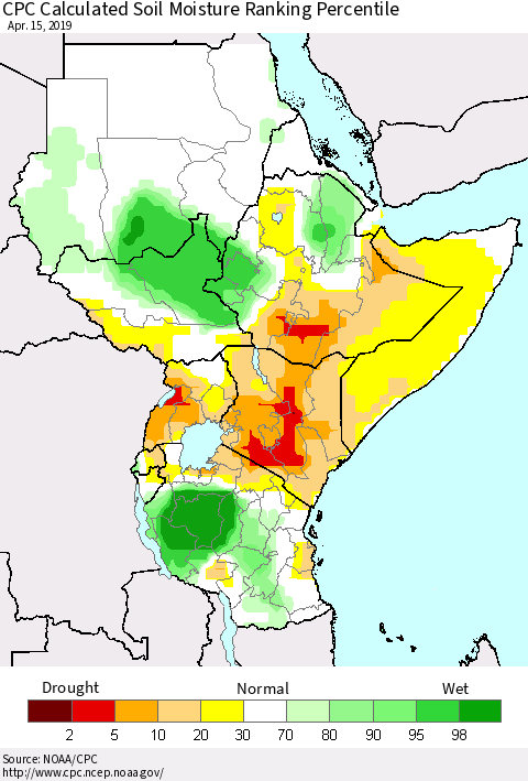 Eastern Africa CPC Soil Moisture Ranking Percentile (Leaky Bucket) Thematic Map For 4/11/2019 - 4/15/2019