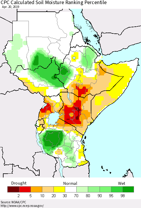 Eastern Africa CPC Soil Moisture Ranking Percentile (Leaky Bucket) Thematic Map For 4/16/2019 - 4/20/2019