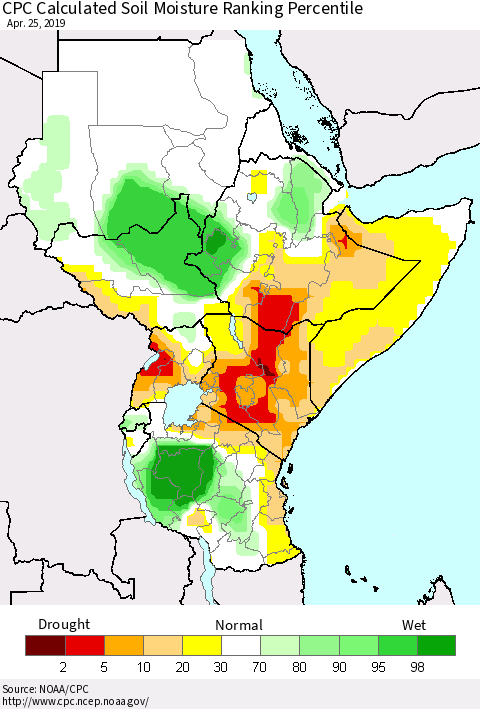 Eastern Africa CPC Soil Moisture Ranking Percentile (Leaky Bucket) Thematic Map For 4/21/2019 - 4/25/2019