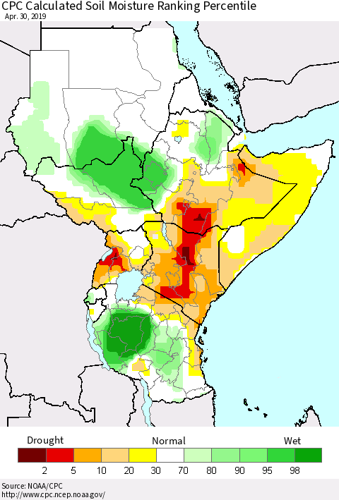 Eastern Africa CPC Soil Moisture Ranking Percentile (Leaky Bucket) Thematic Map For 4/26/2019 - 4/30/2019