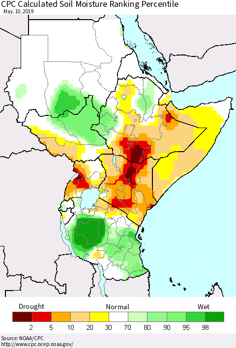 Eastern Africa CPC Soil Moisture Ranking Percentile (Leaky Bucket) Thematic Map For 5/6/2019 - 5/10/2019
