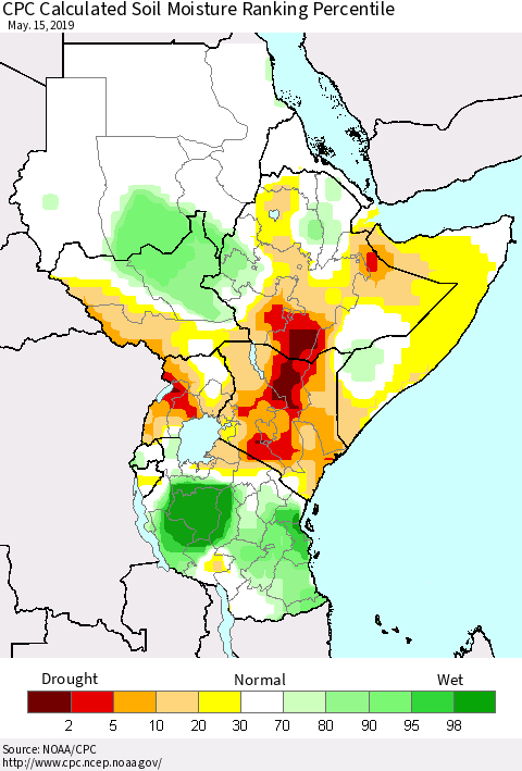 Eastern Africa CPC Soil Moisture Ranking Percentile (Leaky Bucket) Thematic Map For 5/11/2019 - 5/15/2019