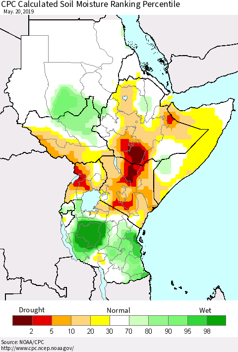 Eastern Africa CPC Soil Moisture Ranking Percentile (Leaky Bucket) Thematic Map For 5/16/2019 - 5/20/2019