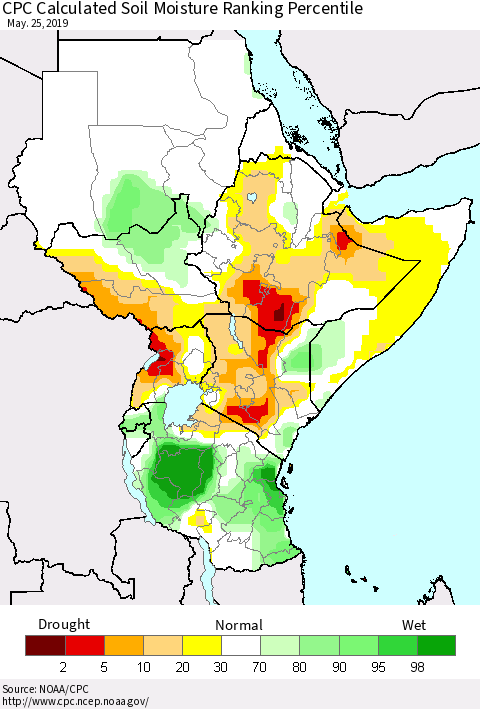 Eastern Africa CPC Soil Moisture Ranking Percentile (Leaky Bucket) Thematic Map For 5/21/2019 - 5/25/2019