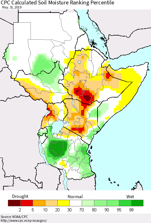 Eastern Africa CPC Soil Moisture Ranking Percentile (Leaky Bucket) Thematic Map For 5/26/2019 - 5/31/2019