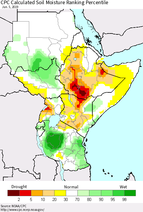 Eastern Africa CPC Soil Moisture Ranking Percentile (Leaky Bucket) Thematic Map For 6/1/2019 - 6/5/2019