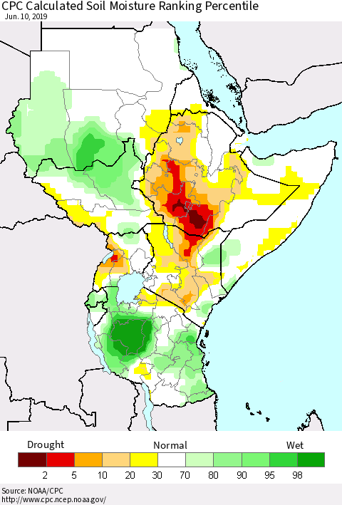 Eastern Africa CPC Soil Moisture Ranking Percentile (Leaky Bucket) Thematic Map For 6/6/2019 - 6/10/2019