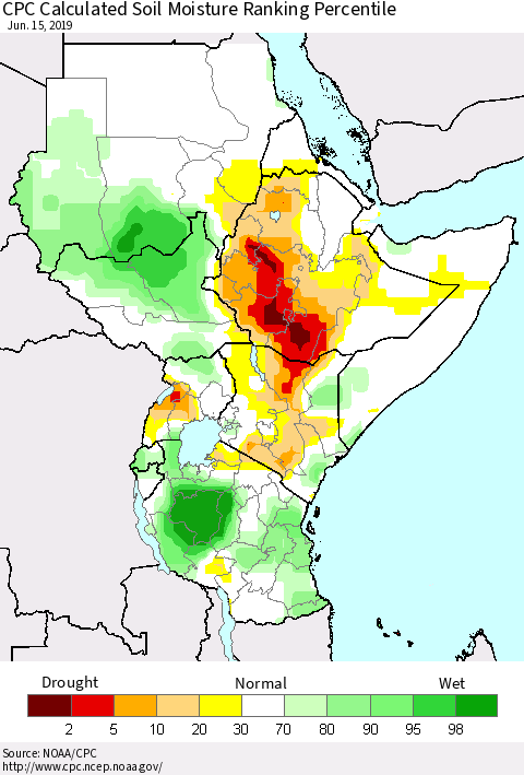 Eastern Africa CPC Soil Moisture Ranking Percentile (Leaky Bucket) Thematic Map For 6/11/2019 - 6/15/2019