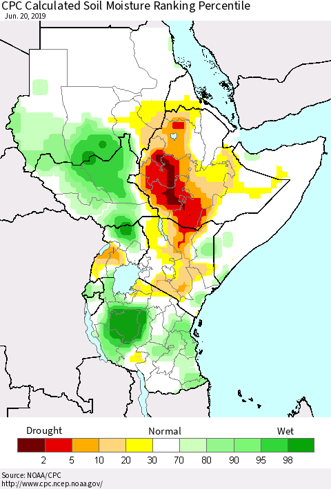 Eastern Africa CPC Soil Moisture Ranking Percentile (Leaky Bucket) Thematic Map For 6/16/2019 - 6/20/2019