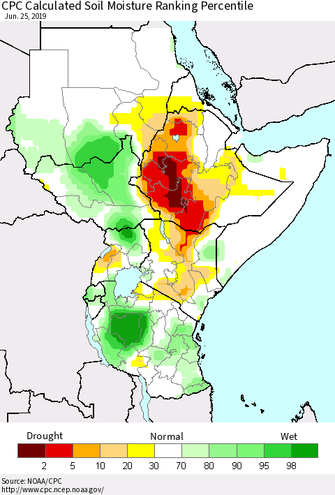 Eastern Africa CPC Soil Moisture Ranking Percentile (Leaky Bucket) Thematic Map For 6/21/2019 - 6/25/2019