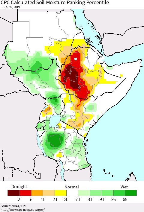 Eastern Africa CPC Soil Moisture Ranking Percentile (Leaky Bucket) Thematic Map For 6/26/2019 - 6/30/2019