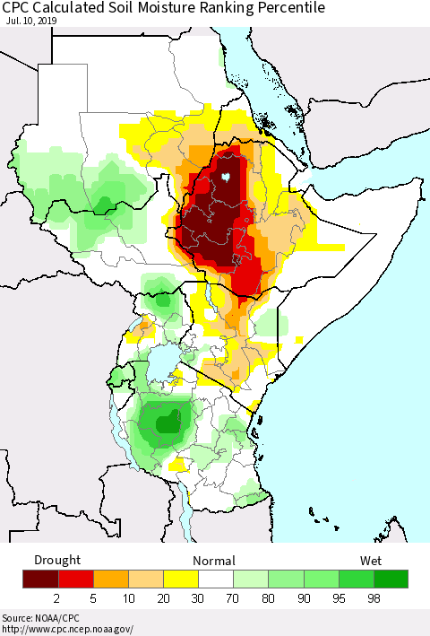 Eastern Africa CPC Soil Moisture Ranking Percentile (Leaky Bucket) Thematic Map For 7/6/2019 - 7/10/2019
