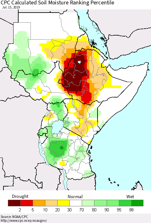 Eastern Africa CPC Soil Moisture Ranking Percentile (Leaky Bucket) Thematic Map For 7/11/2019 - 7/15/2019