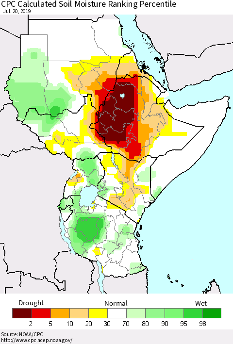 Eastern Africa CPC Soil Moisture Ranking Percentile (Leaky Bucket) Thematic Map For 7/16/2019 - 7/20/2019