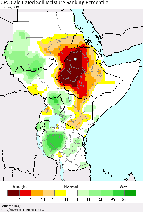 Eastern Africa CPC Soil Moisture Ranking Percentile (Leaky Bucket) Thematic Map For 7/21/2019 - 7/25/2019