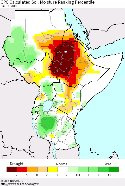 Eastern Africa CPC Soil Moisture Ranking Percentile (Leaky Bucket) Thematic Map For 7/26/2019 - 7/31/2019