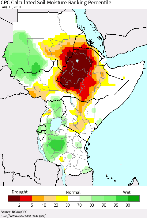 Eastern Africa CPC Soil Moisture Ranking Percentile (Leaky Bucket) Thematic Map For 8/6/2019 - 8/10/2019