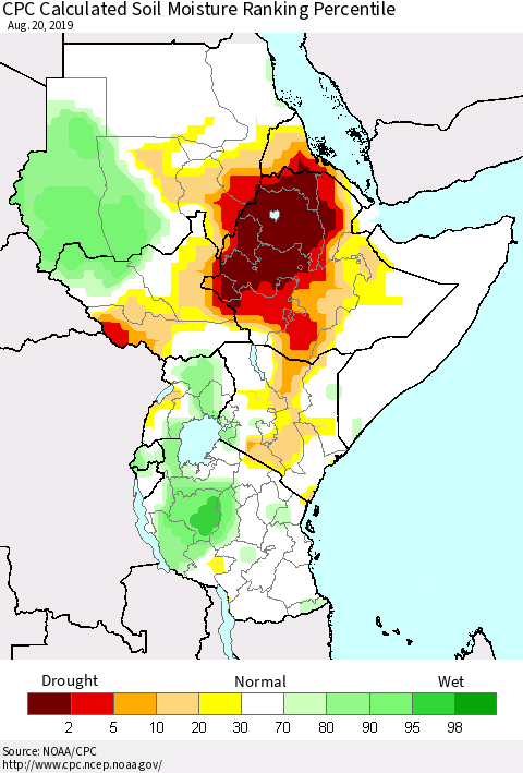Eastern Africa CPC Soil Moisture Ranking Percentile (Leaky Bucket) Thematic Map For 8/16/2019 - 8/20/2019
