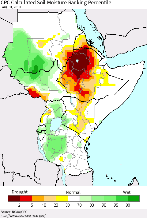 Eastern Africa CPC Soil Moisture Ranking Percentile (Leaky Bucket) Thematic Map For 8/26/2019 - 8/31/2019