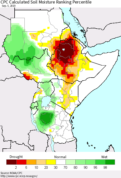 Eastern Africa CPC Soil Moisture Ranking Percentile (Leaky Bucket) Thematic Map For 9/1/2019 - 9/5/2019