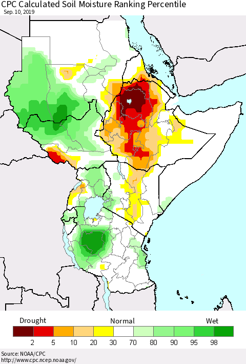 Eastern Africa CPC Soil Moisture Ranking Percentile (Leaky Bucket) Thematic Map For 9/6/2019 - 9/10/2019