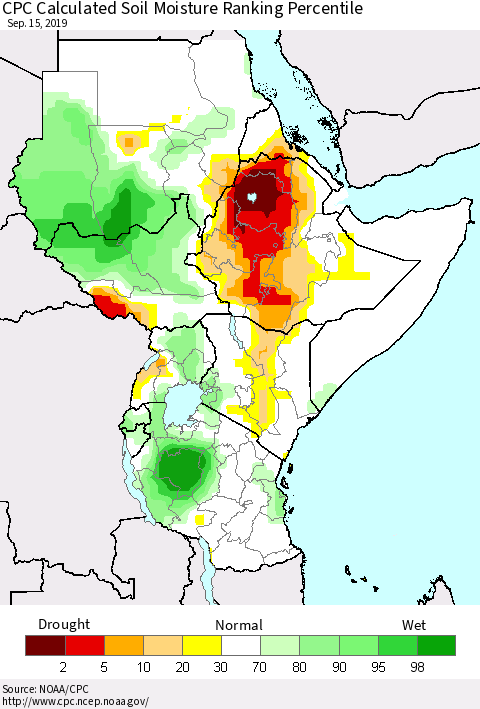Eastern Africa CPC Soil Moisture Ranking Percentile (Leaky Bucket) Thematic Map For 9/11/2019 - 9/15/2019