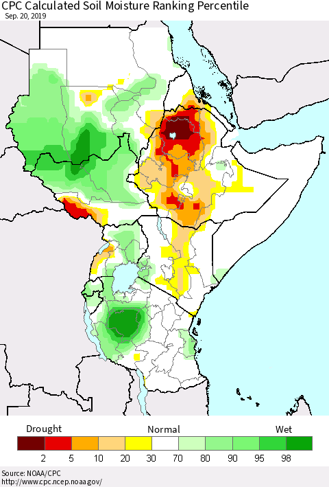 Eastern Africa CPC Soil Moisture Ranking Percentile (Leaky Bucket) Thematic Map For 9/16/2019 - 9/20/2019