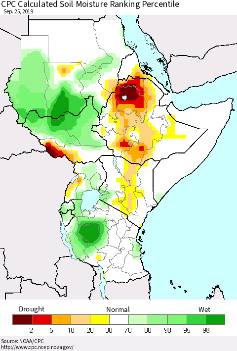 Eastern Africa CPC Soil Moisture Ranking Percentile (Leaky Bucket) Thematic Map For 9/21/2019 - 9/25/2019