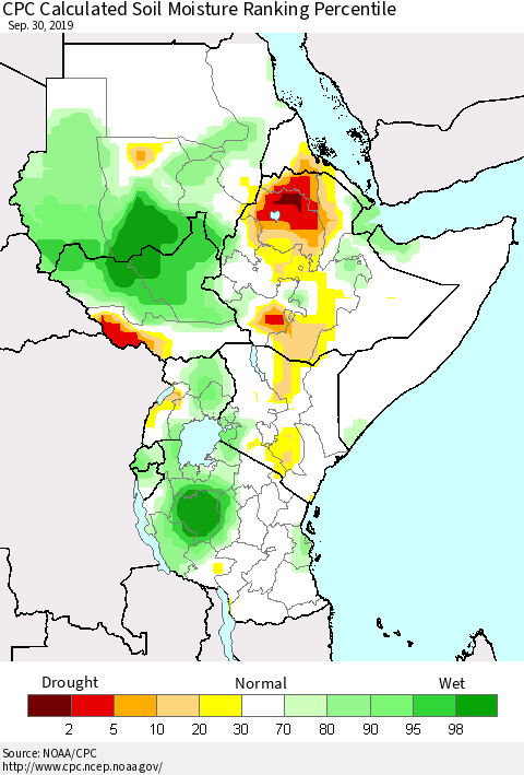 Eastern Africa CPC Soil Moisture Ranking Percentile (Leaky Bucket) Thematic Map For 9/26/2019 - 9/30/2019