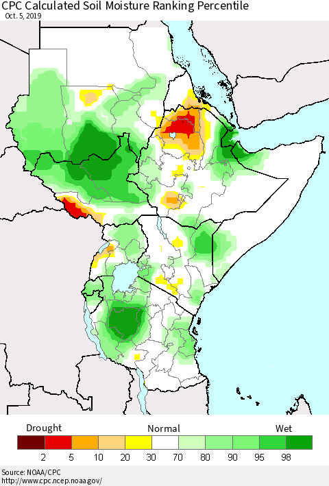 Eastern Africa CPC Calculated Soil Moisture Ranking Percentile Thematic Map For 10/1/2019 - 10/5/2019