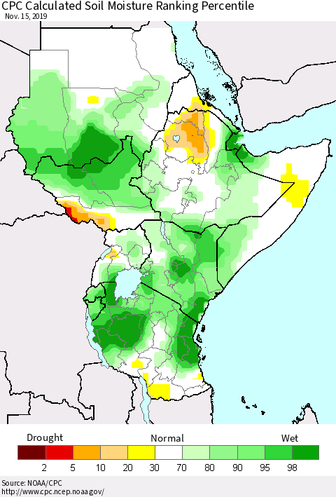 Eastern Africa CPC Soil Moisture Ranking Percentile (Leaky Bucket) Thematic Map For 11/11/2019 - 11/15/2019