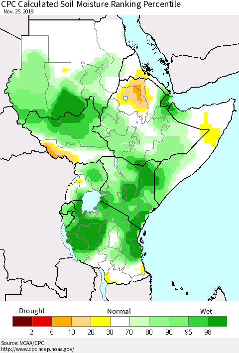 Eastern Africa CPC Calculated Soil Moisture Ranking Percentile Thematic Map For 11/21/2019 - 11/25/2019