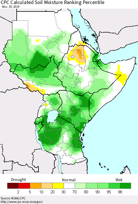 Eastern Africa CPC Calculated Soil Moisture Ranking Percentile Thematic Map For 11/26/2019 - 11/30/2019