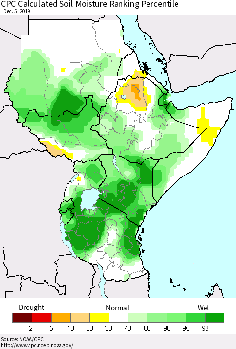 Eastern Africa CPC Soil Moisture Ranking Percentile (Leaky Bucket) Thematic Map For 12/1/2019 - 12/5/2019